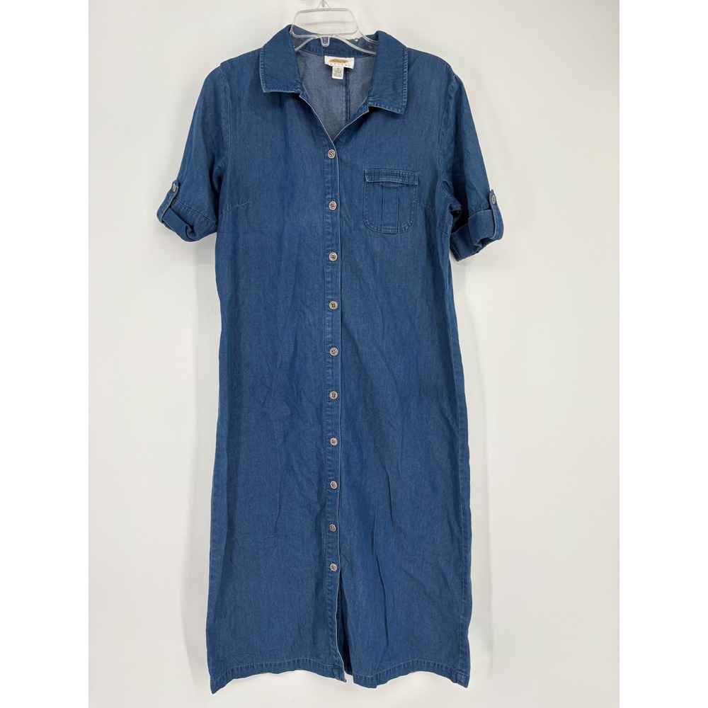 Talbots Dress Women 14P Blue Denim Shirt Dress Button Front Roll Tab Midi Modest